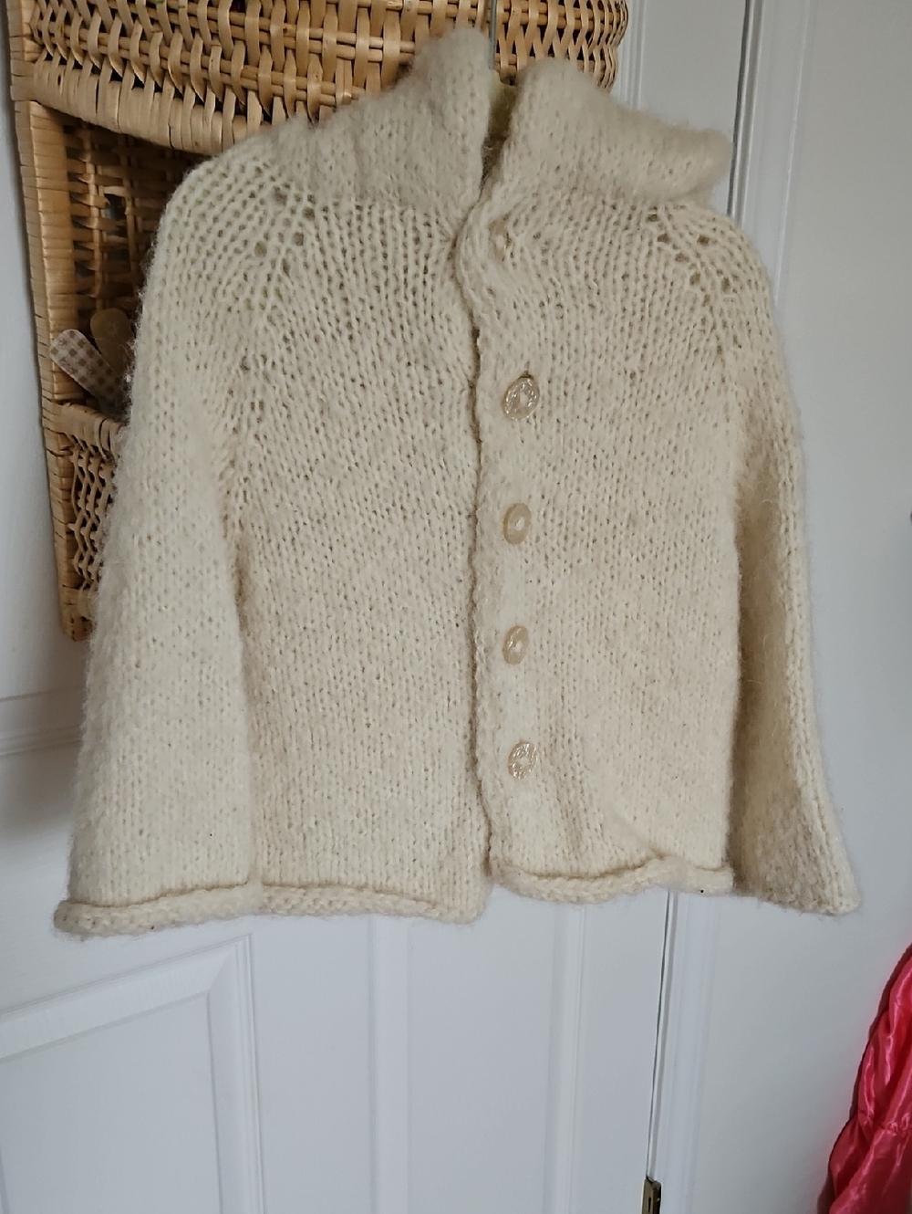 Handknit Cream Button-Up  Cardigan With Oversized Fluffy Hoodie